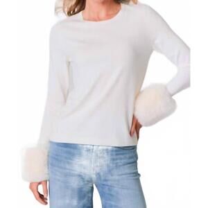 NEW J. SOCIETY fur cuffs crew sweater in vanilla